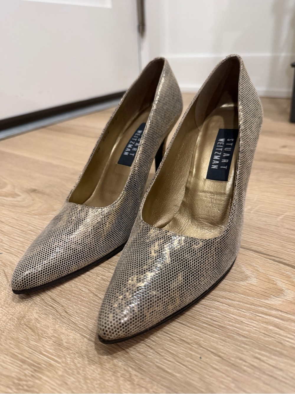 Stuart Weitzman Metallic Gold Snake-Print Pointed Pumps